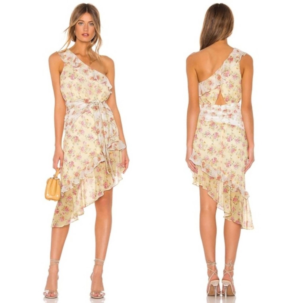 MAJORELLE One-Shoulder Floral Ruffle Dress in Pale Yellow and Pink